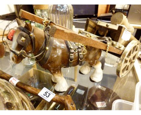 Ceramic shire horse with wooden drawn cart 