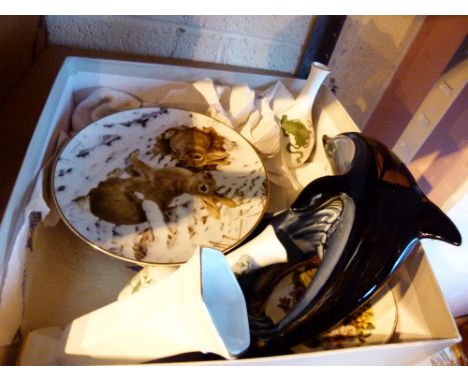 Box of mixed ceramics including poole dolphin and animal plates 
