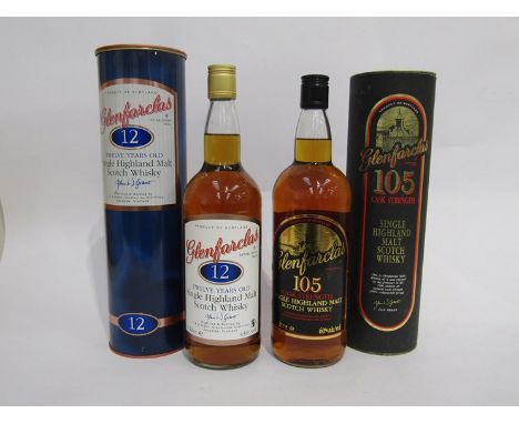 Glenfarclas 12 years Old Single Highland Malt Scotch Whisky 1ltr in tin, Glenfarclas 105 Single Highland Malt Scotch Whisky 1