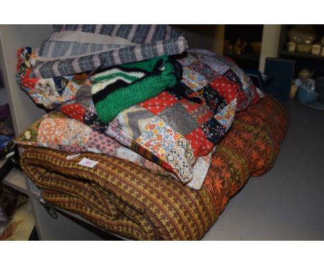 A mixed lot of vintage and retro items including seeping bag, two patch work cushions and a peg bag.