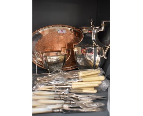 A selection of silver plate including a small oval gallery tray, hot water pot and sugar bowl and flatware