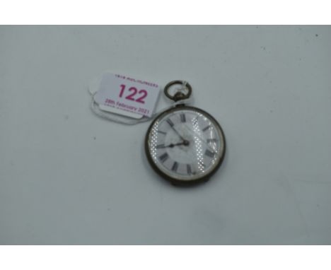 A continental silver key wound pocket watch of small form having Roman numeral dial to white enamel face in engraved case sta
