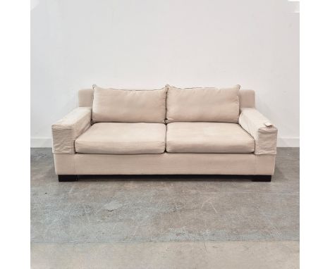SOFA, SAND COLOURED FABRIC UPHOLSTERY. 200cm W approx.