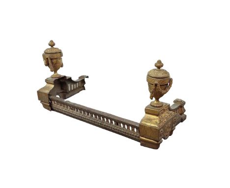 19TH CENTURY FRENCH BRONZE FENDER. early 19th Century chenets with urn and swag design, 72cm W x 32cm H.