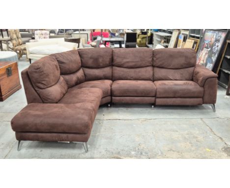 CORNER SOFA, BROWN LEATHER. approx. 250cm w x 200cm d, with an electric reclining seat to one corner (untested).