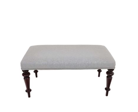 STOOL. part Victorian mahogany and light grey linen upholstered, 43cm H x 89cm x 46cm.