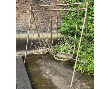 ARCHITECTURAL GARDEN SWING. Regency style, with two seats, on a metal frame, 228cm H x 180cm x 90cm.