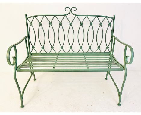 GARDEN BENCH. pistachio green paint, 95cm H x 105cm x 54cm.