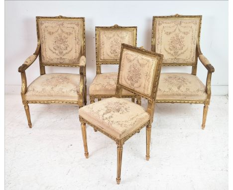 SALON CHAIRS. a set of four, early/mid 20th century French giltwood, including a pair of fauteuils in tapestry style covers, 