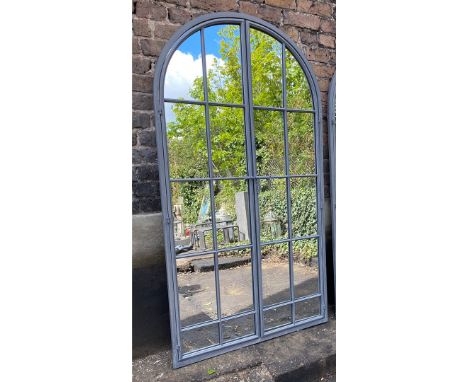 ARCHITECTURAL GARDEN MIRROR. grey metal frame, 170cm H x 90cm.
