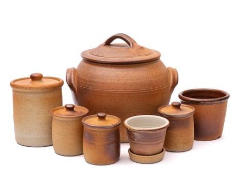 *John Leach [1939-2021] Muchelney Pottery eight pieces of domestic stoneware: comprising a bread crock and cover, four storag