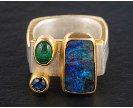 Tanja Ufer, a silver, boulder opal, sapphire and cabochon-cut emerald ring,: stamped with maker's mark 'TU', hallmarks for Lo