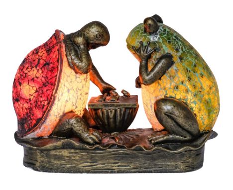 A late 20th century novelty resin lamp: in the form of a seated turtle and frog playing chess, 27cm long* see website for fur