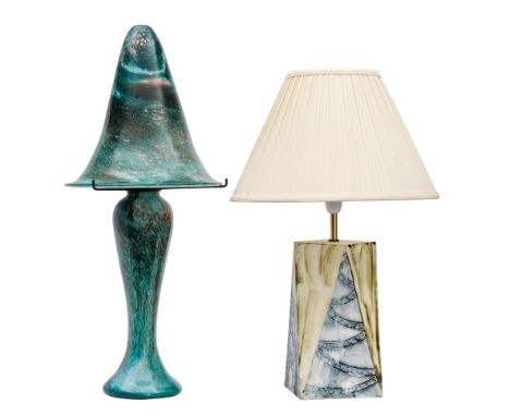 A Monart style variegated glass table lamp and shade: of  mushroom outline, overall height 63cm high, together with a studio 