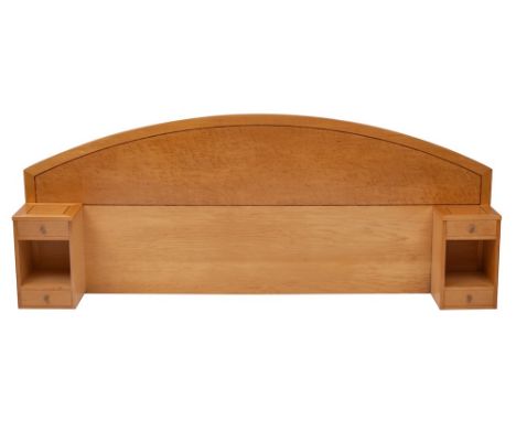 A maple and birdseye maple veneered and cherry banded headboard, modern,: of shallow arched form; the integral bedside stands