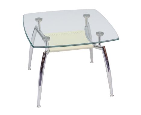 A contemporary glass and metal mounted occasional table, the top with slightly bowed sides and moulded edges; above a painted