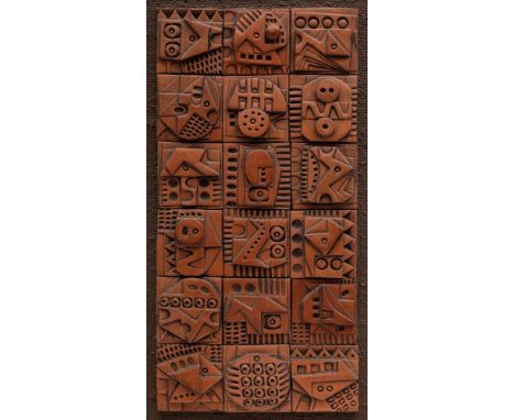 *Ron Hitchins [1926-2019] a panel of terracotta tiles: formed from eighteen square tiles decorated in high relief with abstra