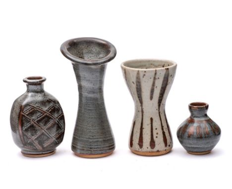 *John Leach [1939-2021] Muchelney Pottery four stoneware vases:  of various forms under wood ash over tenmoku or oatmeal over