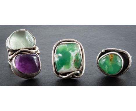 Andrzej Pacak, three gemset rings,: including, amethyst, fluorite and chrysphrase; all stamped 'AP', one stamped '925 SILVER'