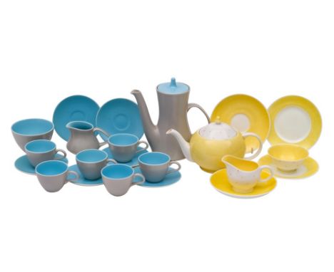 A late 20th century Poole Pottery Twintone part coffee service : two -tone ice blue and seagull, comprising six cups and sauc