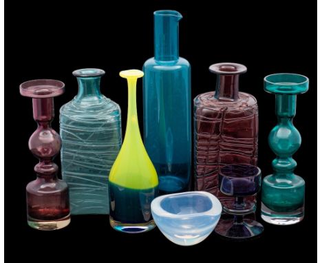 A small group of art glass: comprising a mildly opalescent Orrefors bowl, two Scandinavian style hooped candle sticks, a simi