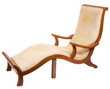 A Mufti teak day bed: with upholstered panel back and seat, raised in square section leg supports; 107cm high, 166cm long, 76