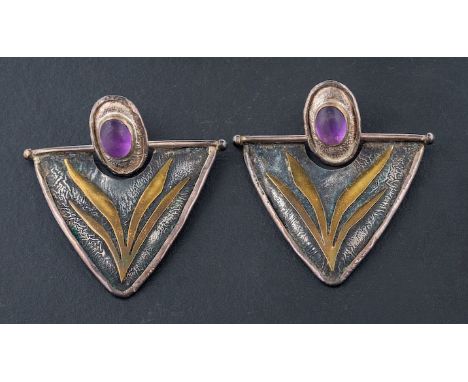 Charmian Harris, a pair of cabochon-cut amethyst earrings,: stamped with maker's mark 'CH', post fittings, length ca. 4.3cm, 