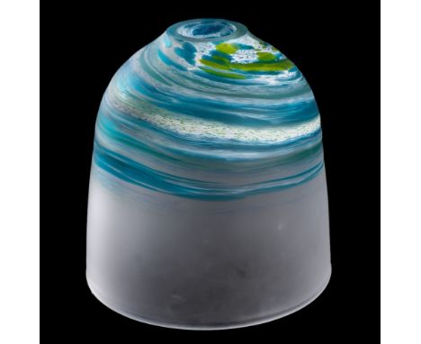 A  Teign Valley glass lamp shade: the domed frosted body with trailed green, white and blue trails, 20cm high, together with 