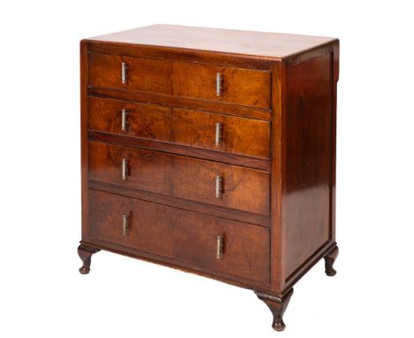 A walnut chest of drawers in Art Deco style, circa 1925,: the top with moulded edges above four drawers, all with twin vertic