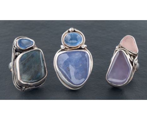 Andrzej Pacak, three gemset rings: including, rose quartz, amethyst and labadorite; all stamped 'A PACAK', one stamped 925, a