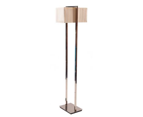 A chromium plated metal standard lamp, modern,: the rectangular pleated fabric shade with translucent  perspex panel top, hel
