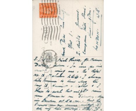 Peter Cushing - a vintage colour postcard hand written in his familiar dark blue ink to his wife Helen. a vintage colour post