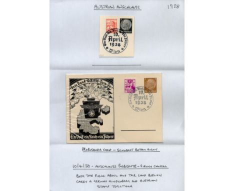 Propaganda Austrian Anschlauss card and Piece Both have a German Hindenburg and Austrian Stamp together which is Postmarked "