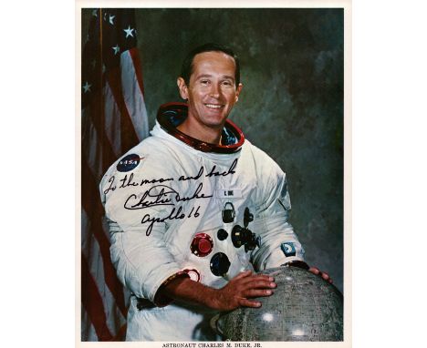 Charles M Duke JR signed NASA original 10x8 inch colour photo pictured in white suit inscribed To the Moon and back Charlie D