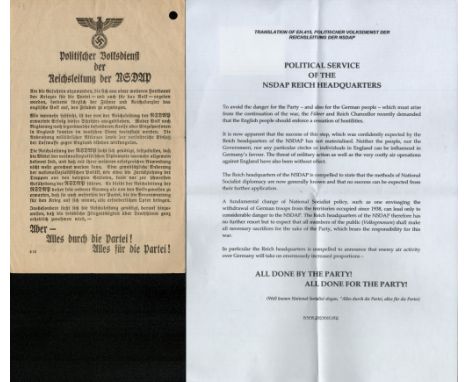 German Leaflet 1940 German Leaflet POLITISCHER VOLKSDIENST DER REICHSLEITUNG DER NSDAP (POLITICAL SERVICE OF THE NSDAP REICH 