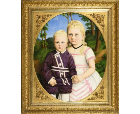            GeschwisterbildnisÖl/Leinwand. Unsigniert. 2. H. 19. Jh. 68 x 57 cm. Gerahmt : 80 x 69 cm (Goldstuckrahmen mit ov
