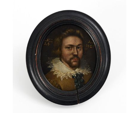 Barocke Miniatur: Bildnis eines jungen Mannes. 1627.             Öl auf gehämmerter Kupfertafel, Beschriftung und Randlinie i