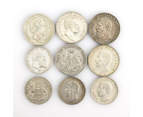 9 Münzen Deutsches Reich.             Silber.             2x 5 Mark 1876 Hamburg bzw. Ludwig II. Koenig v. Bayern. / 3 Mark 1