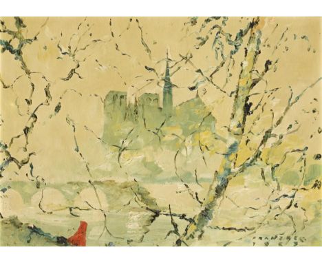                     FRANZKE    Neblige Ansicht Notre Dame - ParisÖl/Malkarton. Rechts unten signiert. 1957. 36 x 49 cm. Gerah