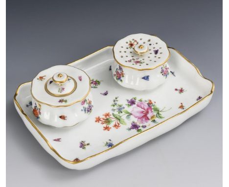 Schreibzeug mit Blumen- und Insektenmalerei. Meissen. Knaufschwerter, ab 1850-1924, 1. Wahl.             Polychrom bemalt, go