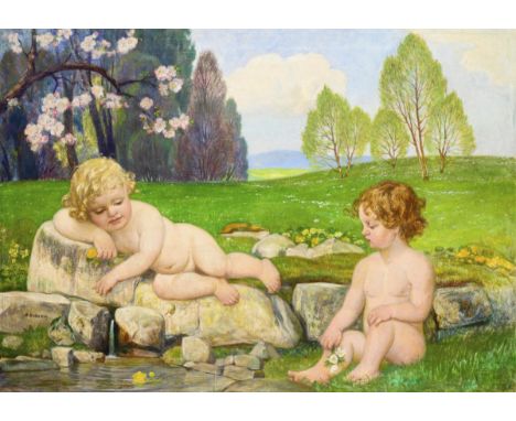                     ENDERLEIN,             Karl (1872 Leipzig - 1954 Dresden)    Frühlingslandschaft mit zwei KindernÖl/Leinw