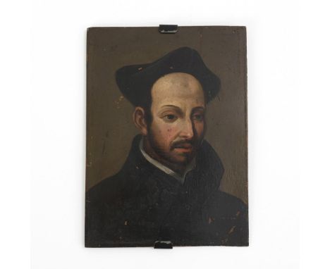 Barocke Bildnisminiatur: Ignatius von Loyola (1491 - 1556). Wohl 17. Jh.             Öl auf gehämmerter Kupfertafel. 14,5 x 1