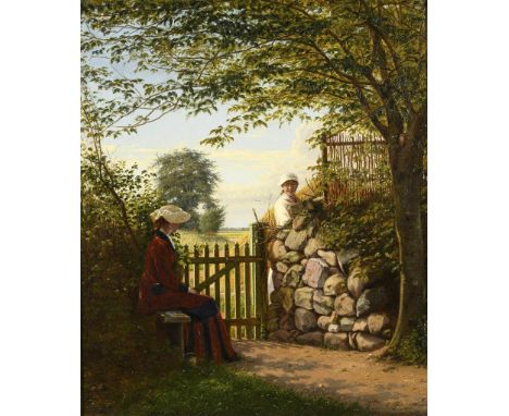                     THØRRESTRUP,             Christian (1823 Kopenhagen - 1892 ebd.)    Gespräch am GartenzaunÖl/Leinwand. Re