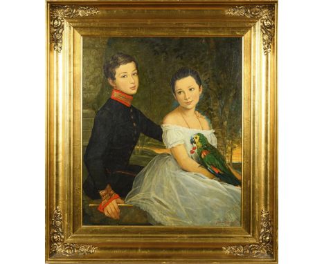                     KOCOUREK,             Jaromir    Porträt eines jungen Paares mit PapageiÖl/Holz. Rechts unten signiert. 2