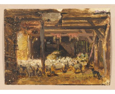                     BRENDEL,             Albert (1827 Berlin - 1895 Weimar)    Kleine Ölskizze mit Schafherde im StallÖl/Papi