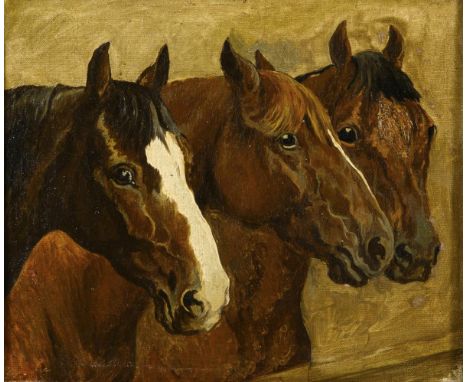             Unsigniert: Drei PferdeÖl/Leinwand. Ende 19. Jh. 26 x 31 cm. Gerahmt : 39,5 x 44,5 cm (defekter Goldstuckrahmen).