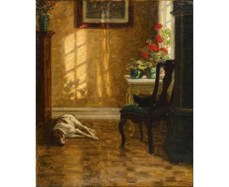                     MAGAARD,             Valdemar (1864 Kopenhagen - 1937 Gentofte)    Interieur mit Hund und KatzeÖl/Leinwan