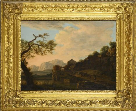             Spätbarocker Maler: Viehtrieb auf der LandstraßeÖl/Holz. Unsigniert. 18. Jh. 28,5 x 39 cm. Gerahmt : 45 x 54,5 cm