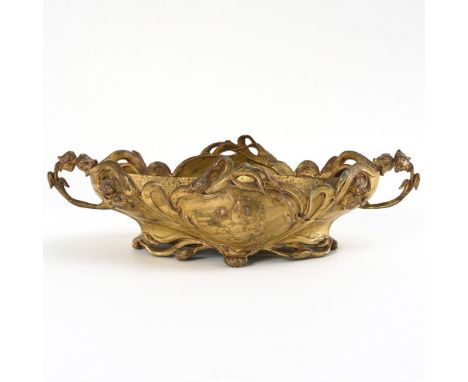Französische Jugendstil-Jardiniere. Undeutlich Desjardins(?) bezeichnet.             Metallguss goldfarben gefasst mit Resten