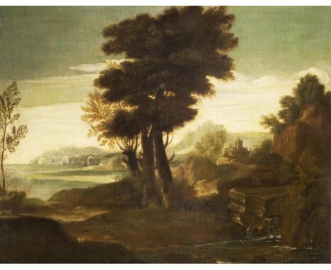                     LANDSCHAFTSMALER 17. JAHRHUNDERT,     Italienische LandschaftÖl auf Leinwand. Unsigniert. 81 x 104 cm. Ge